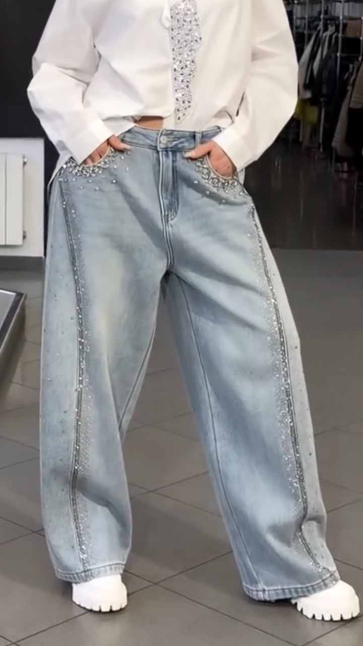 Women's Tie Shirt + Jeans Rhinestone Suit
