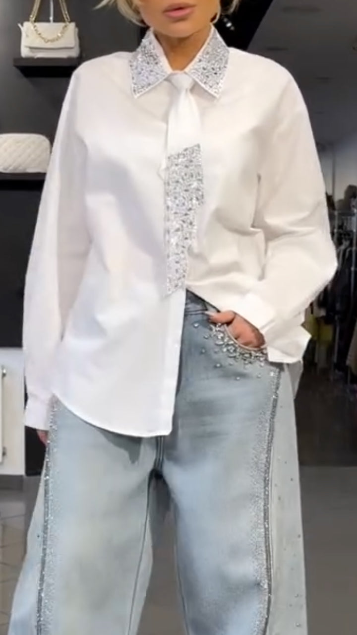 Women's Tie Shirt + Jeans Rhinestone Suit