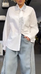 Women's Tie Shirt + Jeans Rhinestone Suit