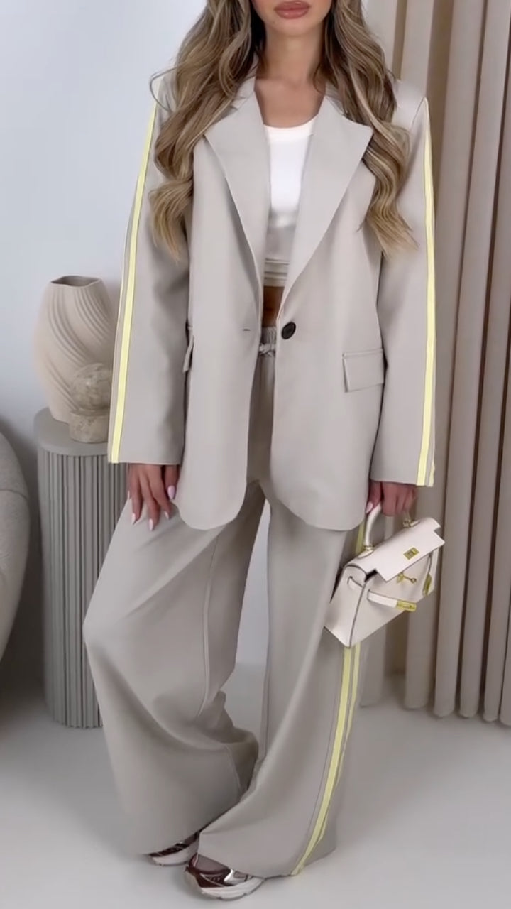 Women Collar Vertical Stripe Jacket+ Pants Temperament Commuting Suit