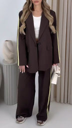 Women Collar Vertical Stripe Jacket+ Pants Temperament Commuting Suit