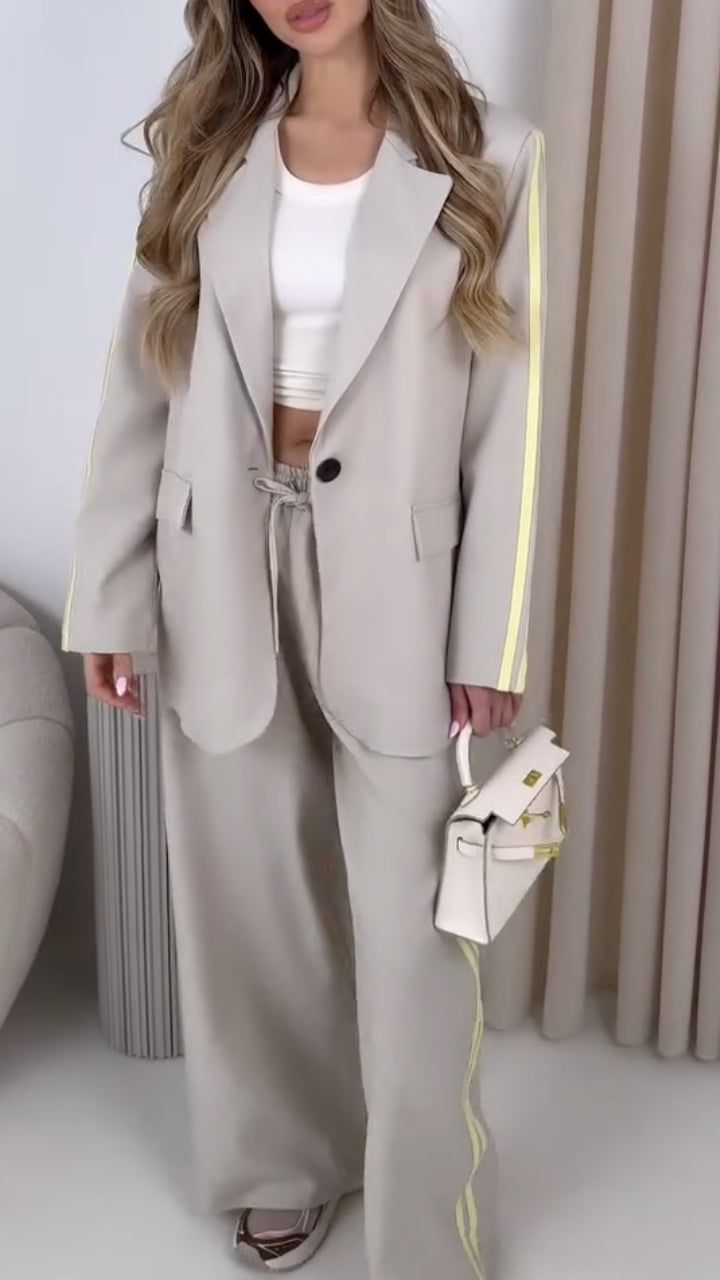 Women Collar Vertical Stripe Jacket+ Pants Temperament Commuting Suit
