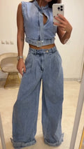 Women Round Neck Rhinestone Top + Pants Casual Denim Suit