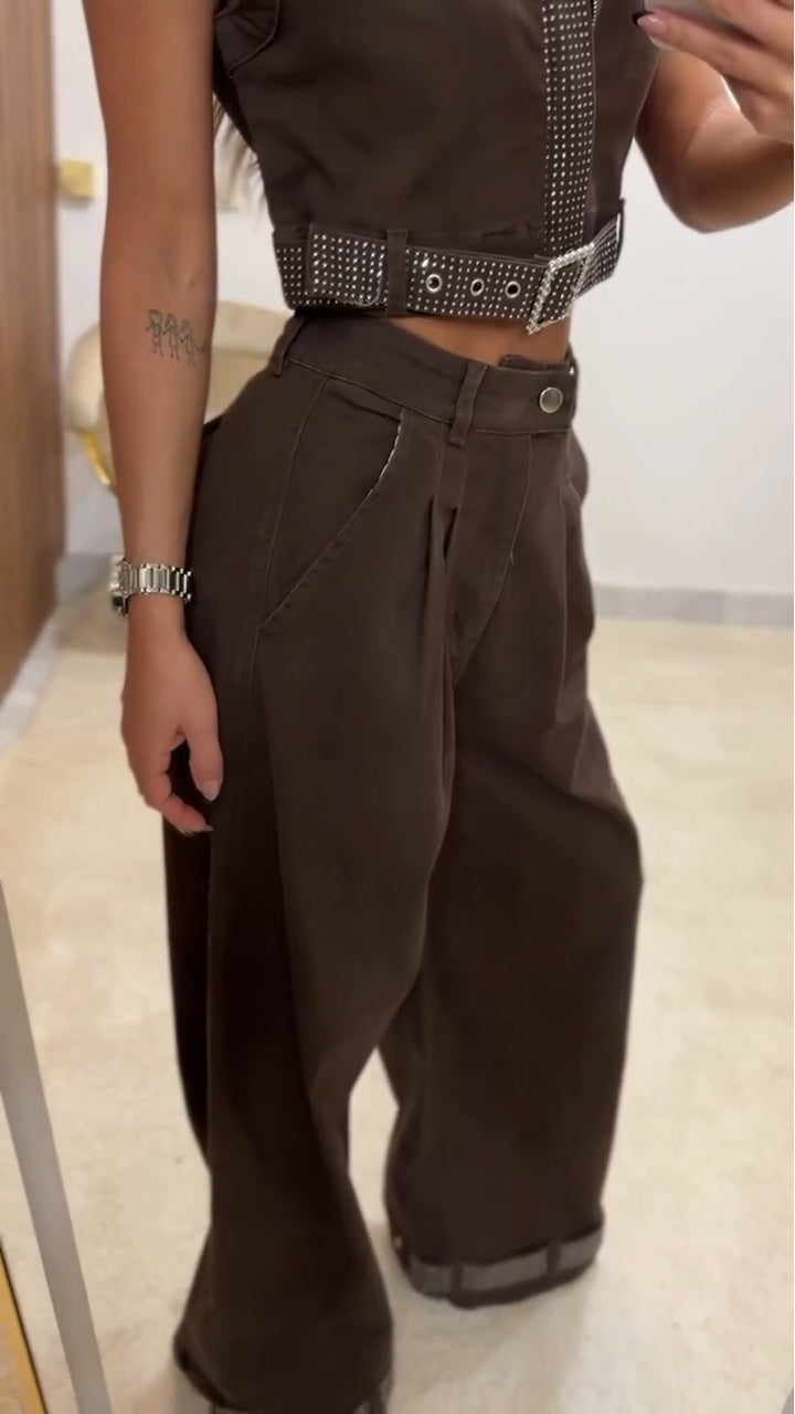 Women Round Neck Rhinestone Top + Pants Casual Denim Suit