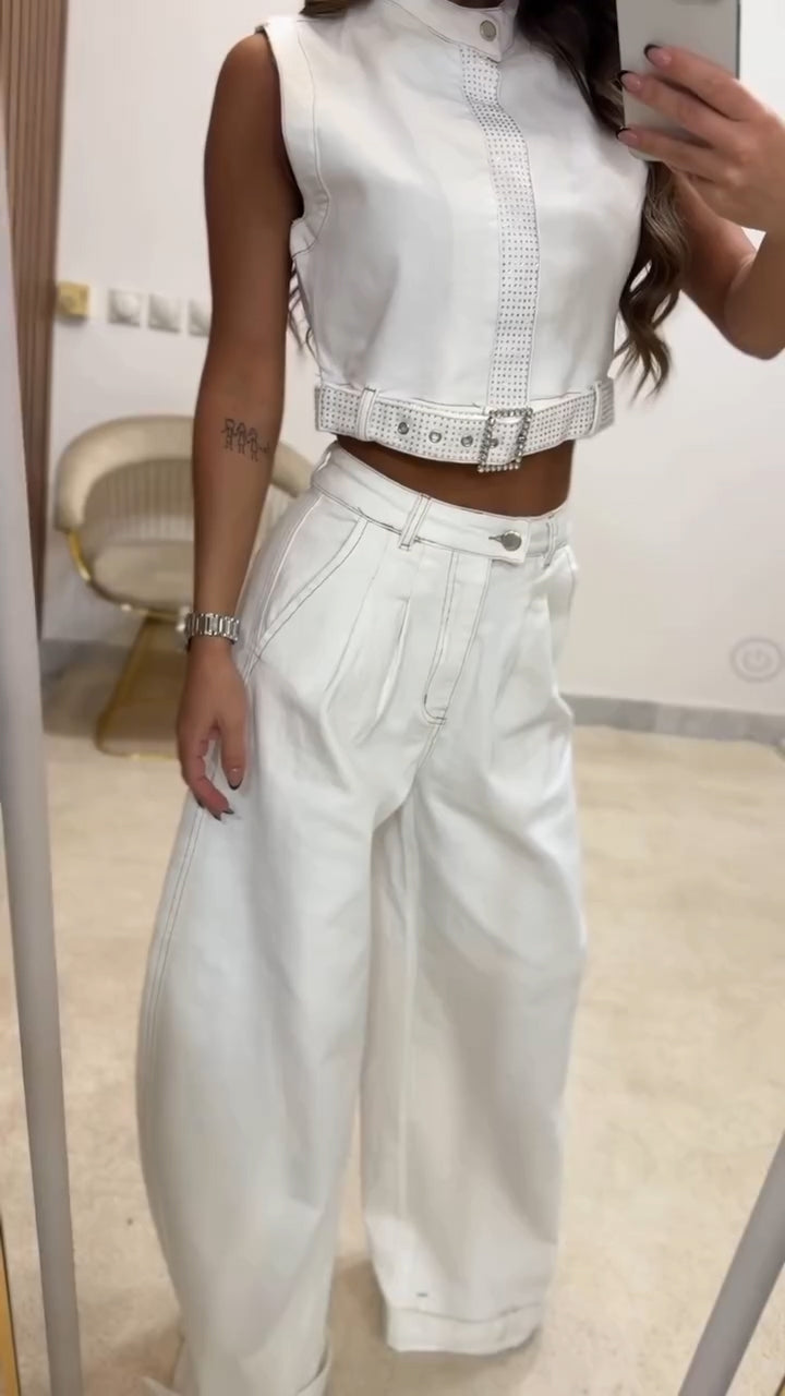 Women Round Neck Rhinestone Top + Pants Casual Denim Suit