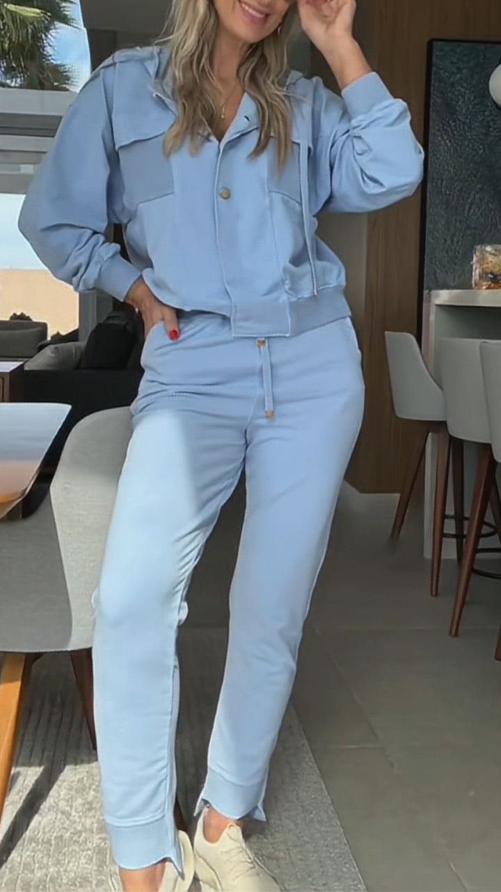 Women Collar Patchwork Jacket+ Pants Casual Set