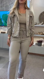 Women Collar Patchwork Jacket+ Pants Casual Set