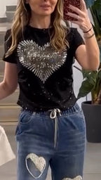 Women Round Neck Heart-shaped Pattern Top+ Jeans Casual Set