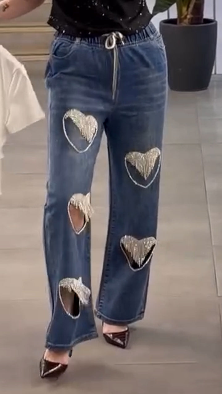 Women Round Neck Heart-shaped Pattern Top+ Jeans Casual Set