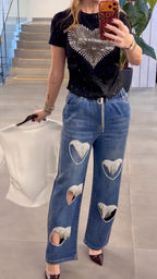 Women Round Neck Heart-shaped Pattern Top+ Jeans Casual Set