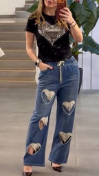 Women Round Neck Heart-shaped Pattern Top+ Jeans Casual Set