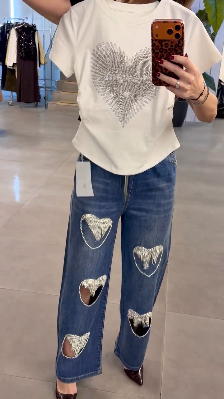 Women Round Neck Heart-shaped Pattern Top+ Jeans Casual Set