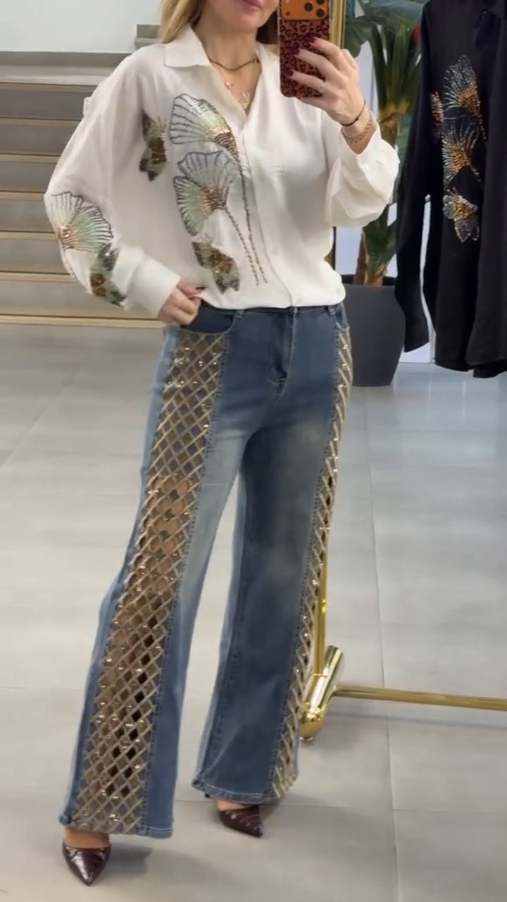 Women Collar Printed Top+ Hollowed Out Jeans Casual Suit