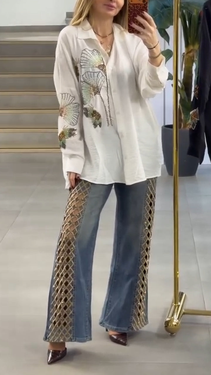 Women Collar Printed Top+ Hollowed Out Jeans Casual Suit