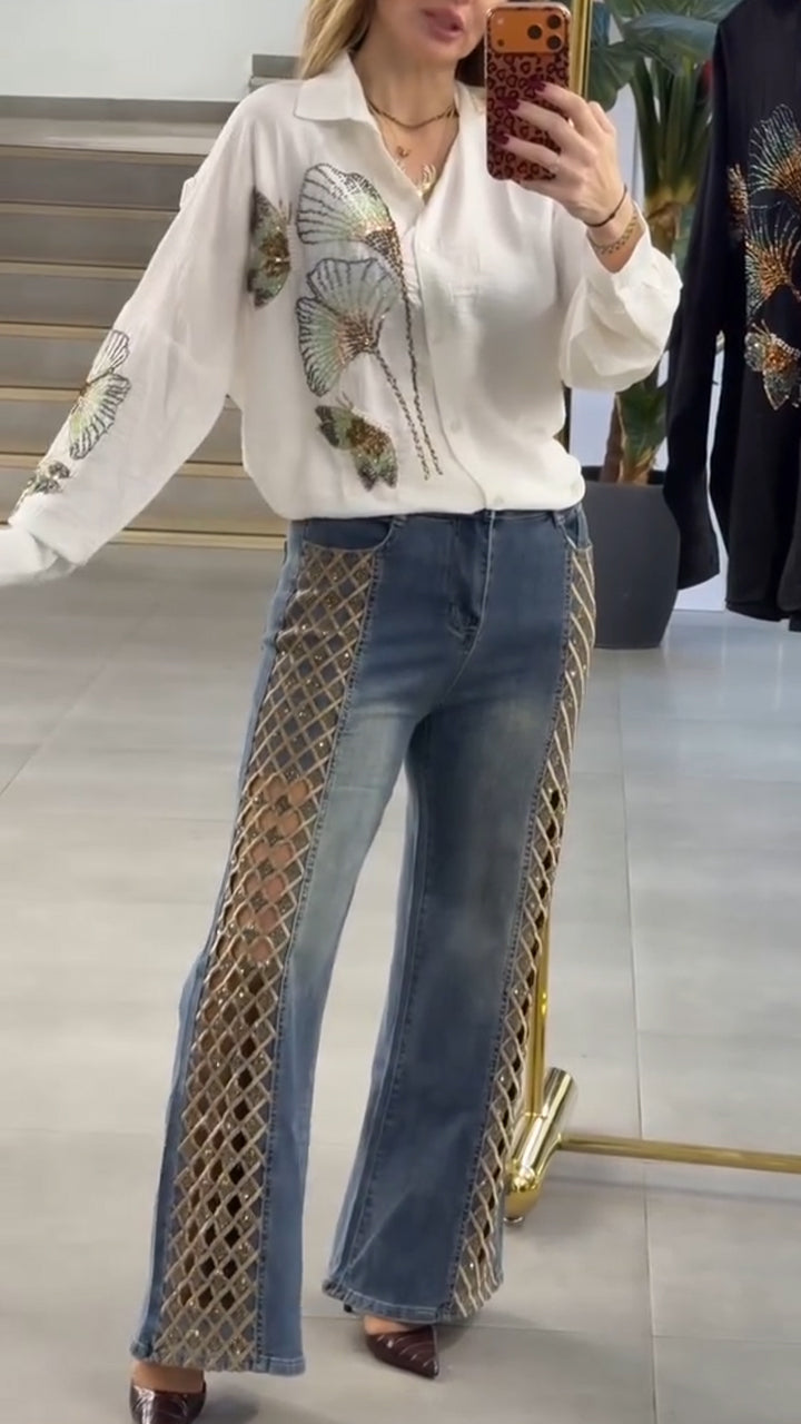 Women Collar Printed Top+ Hollowed Out Jeans Casual Suit
