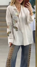Women Collar Printed Top+ Hollowed Out Jeans Casual Suit