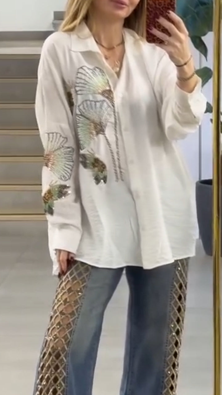 Women Collar Printed Top+ Hollowed Out Jeans Casual Suit