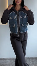 Women Hooded Patchwork Denim Rhinestone Jacket + Pants Casual Set
