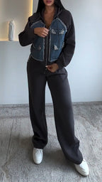 Women Hooded Patchwork Denim Rhinestone Jacket + Pants Casual Set