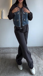 Women Hooded Patchwork Denim Rhinestone Jacket + Pants Casual Set