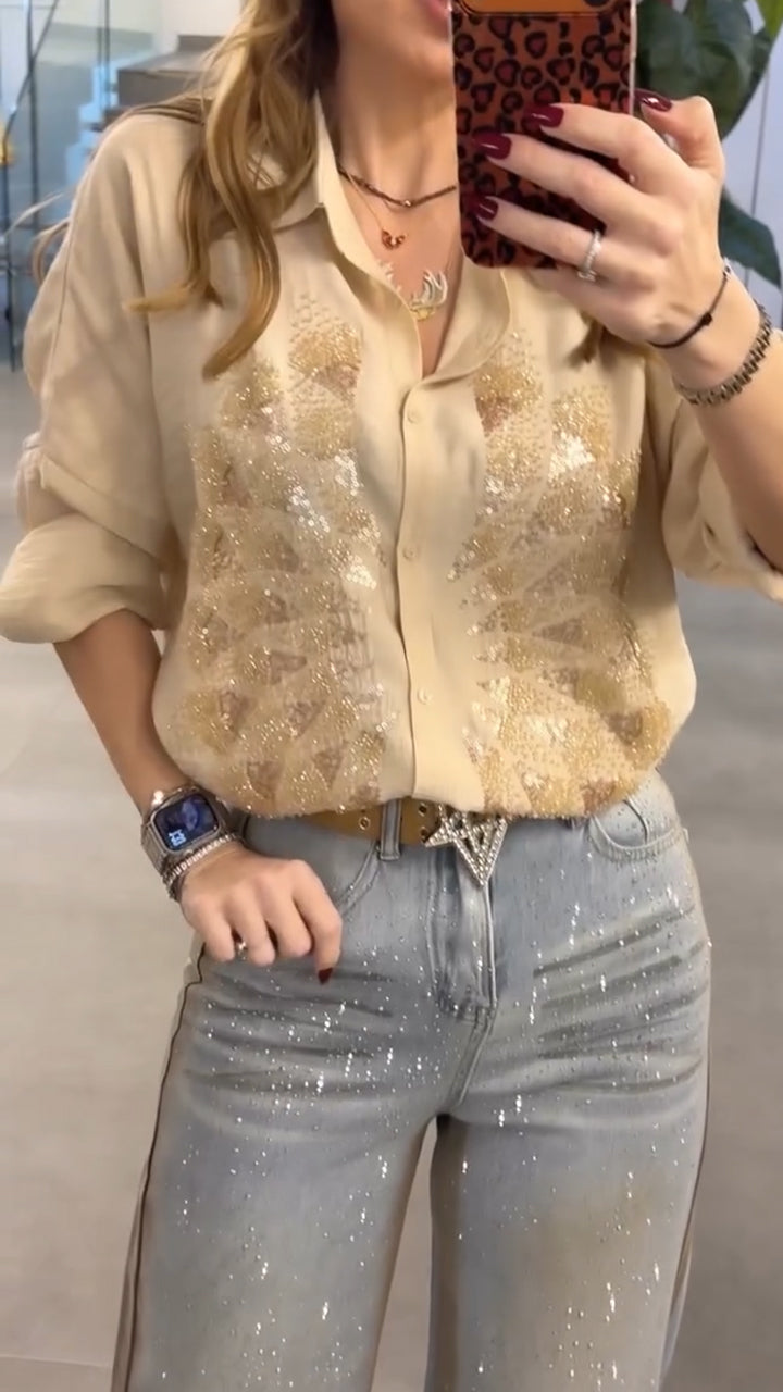 Women Collar Rhinestone Top+ Jeans Casual Suit