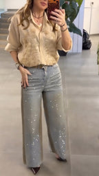 Women Collar Rhinestone Top+ Jeans Casual Suit