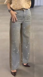 Women Collar Rhinestone Top+ Jeans Casual Suit