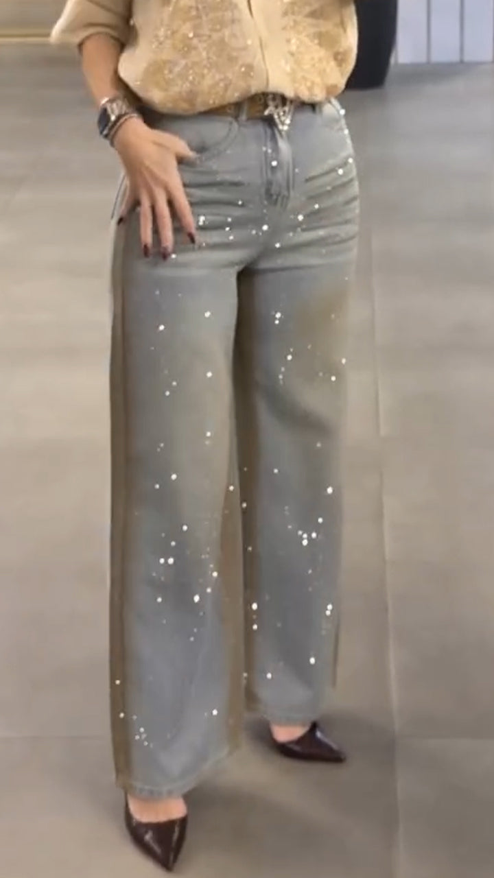 Women Collar Rhinestone Top+ Jeans Casual Suit