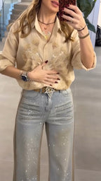 Women Collar Rhinestone Top+ Jeans Casual Suit