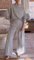 Women Round Neck Solid Color Casual Suit