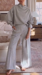 Women Round Neck Solid Color Casual Suit