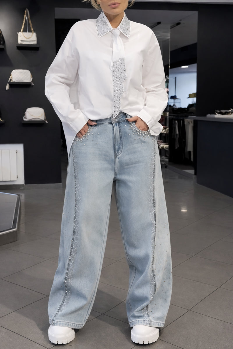 Women's Tie Shirt + Jeans Rhinestone Suit