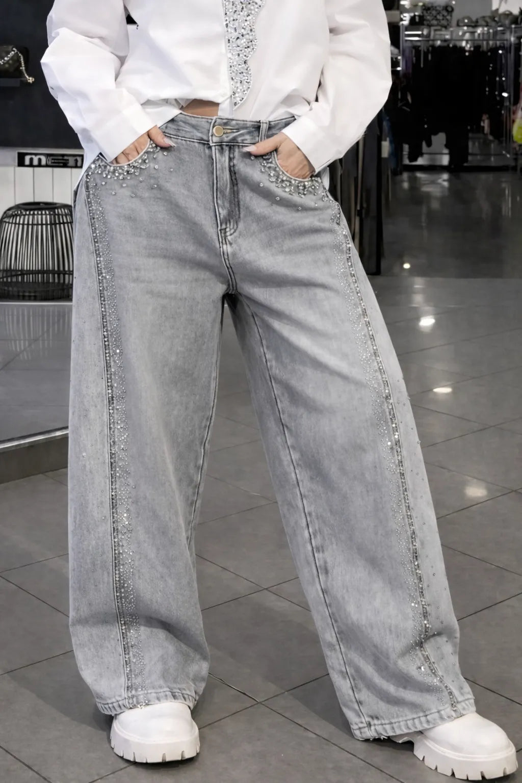 Women's Tie Shirt + Jeans Rhinestone Suit