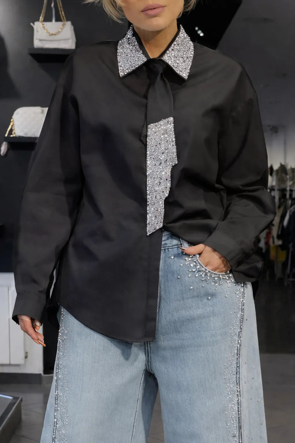 Women's Tie Shirt + Jeans Rhinestone Suit