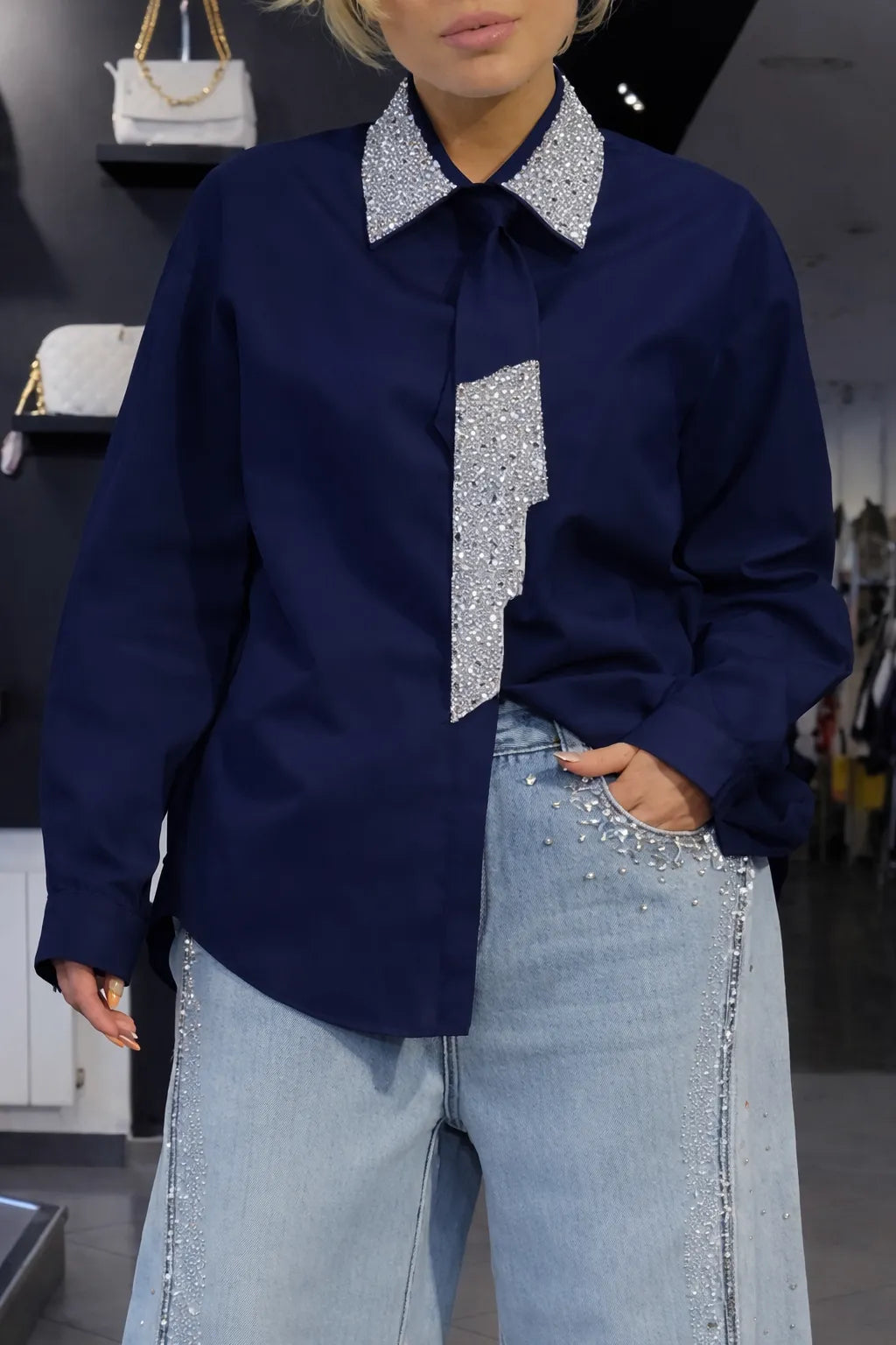 Women's Tie Shirt + Jeans Rhinestone Suit