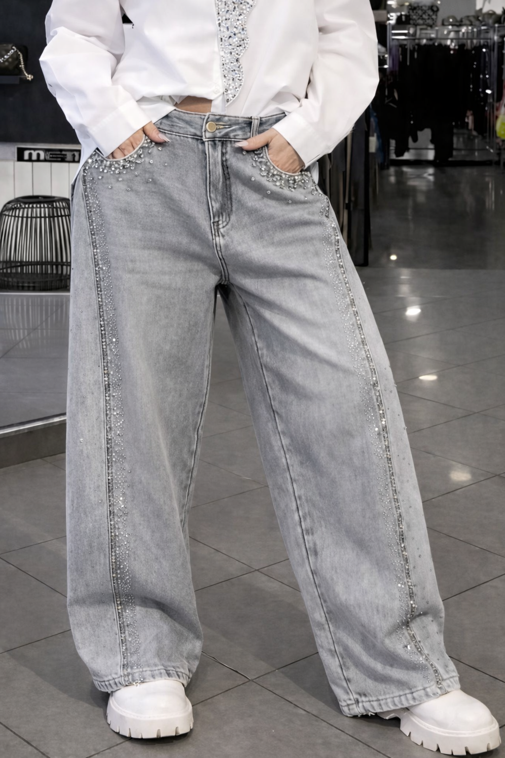 Women's Tie Shirt + Jeans Rhinestone Suit
