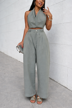 Women's Halter Neck Sleeveless Cotton and Linen Casual Suit