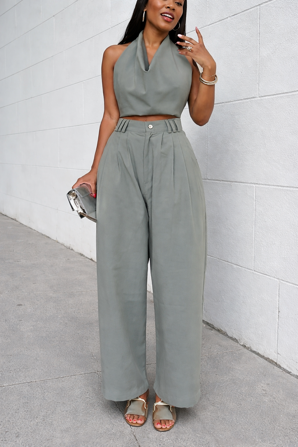 Women's Halter Neck Sleeveless Cotton and Linen Casual Suit