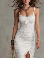 Vintage Lace Trim Straps Slit Hem Midi Dress