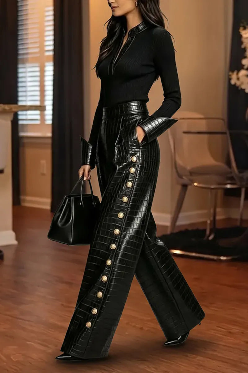 Black Croc-Texture Gold-Button Wide-Leg Pants