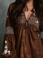 Western Boho White Flower Embroidered Microsuede Mini Dress