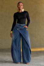 Wrap Skirt‑Effect Wide Leg Denim Pants