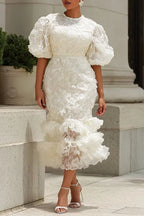 White Lace Puff‑Sleeve Midi Dress