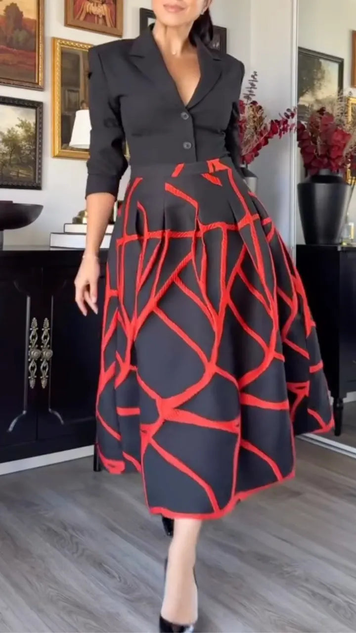 Black Tailored Blazer & Red Graphic Midi Skirt Set