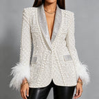 Pearl-Embellished Rhinestone-Lapel Feather-Cuff Blazer