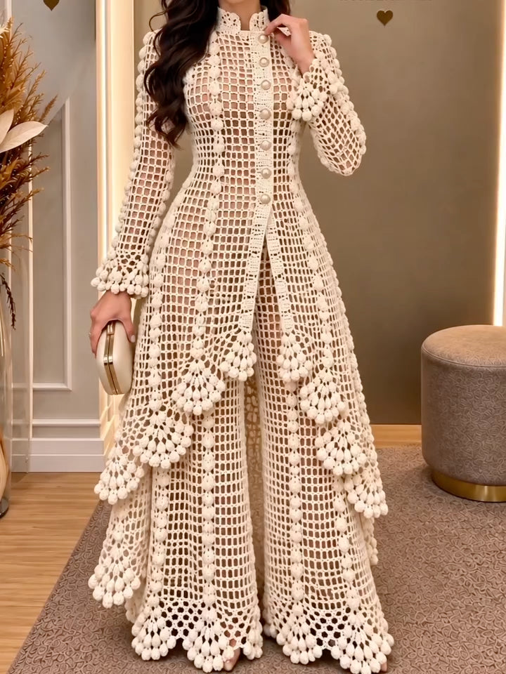 Ivory Openwork Crochet Longline Top & Wide-Leg Pants Set