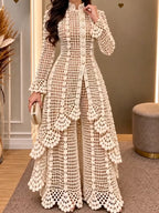 Ivory Openwork Crochet Longline Top & Wide-Leg Pants Set