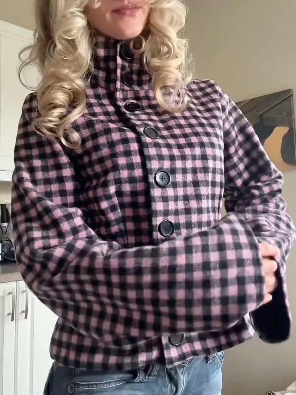 Soft Plaid High-Neck Jacket