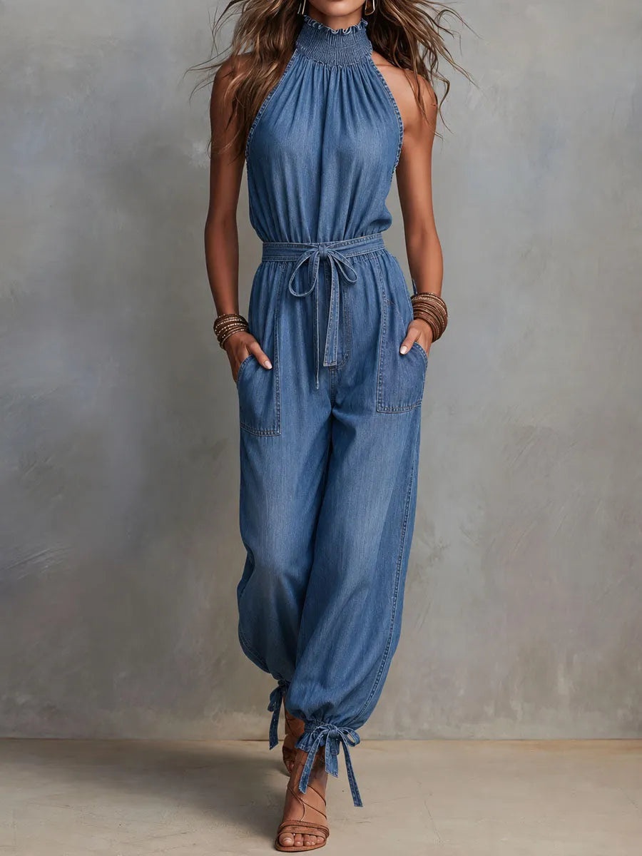 Boho Denim Halter Neck Tie-Waist Jogger Jumpsuit