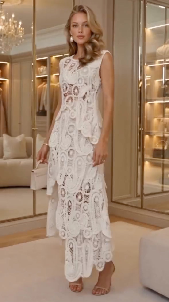 White Sleeveless Paisley Lace Asymmetric Dress